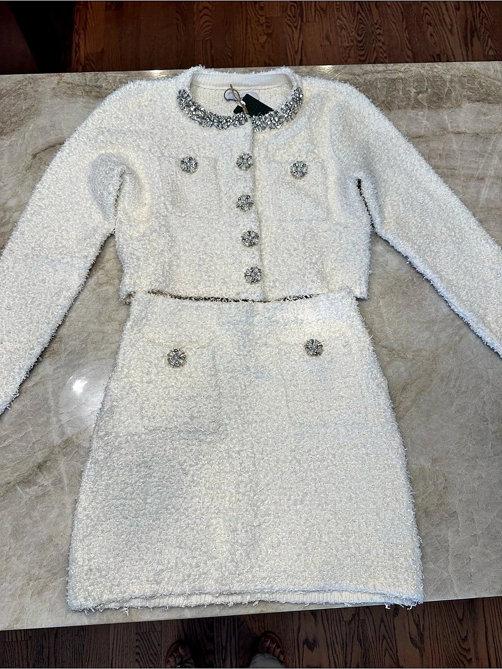 Rhinestone Heavy-Inlaid Knit Cardigan & Midi Skirt , white